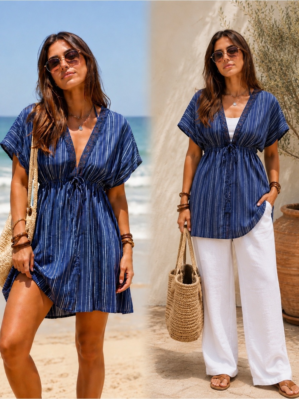 Cupshe Navy Striped V-Neck Swim Cover-Up Tunic